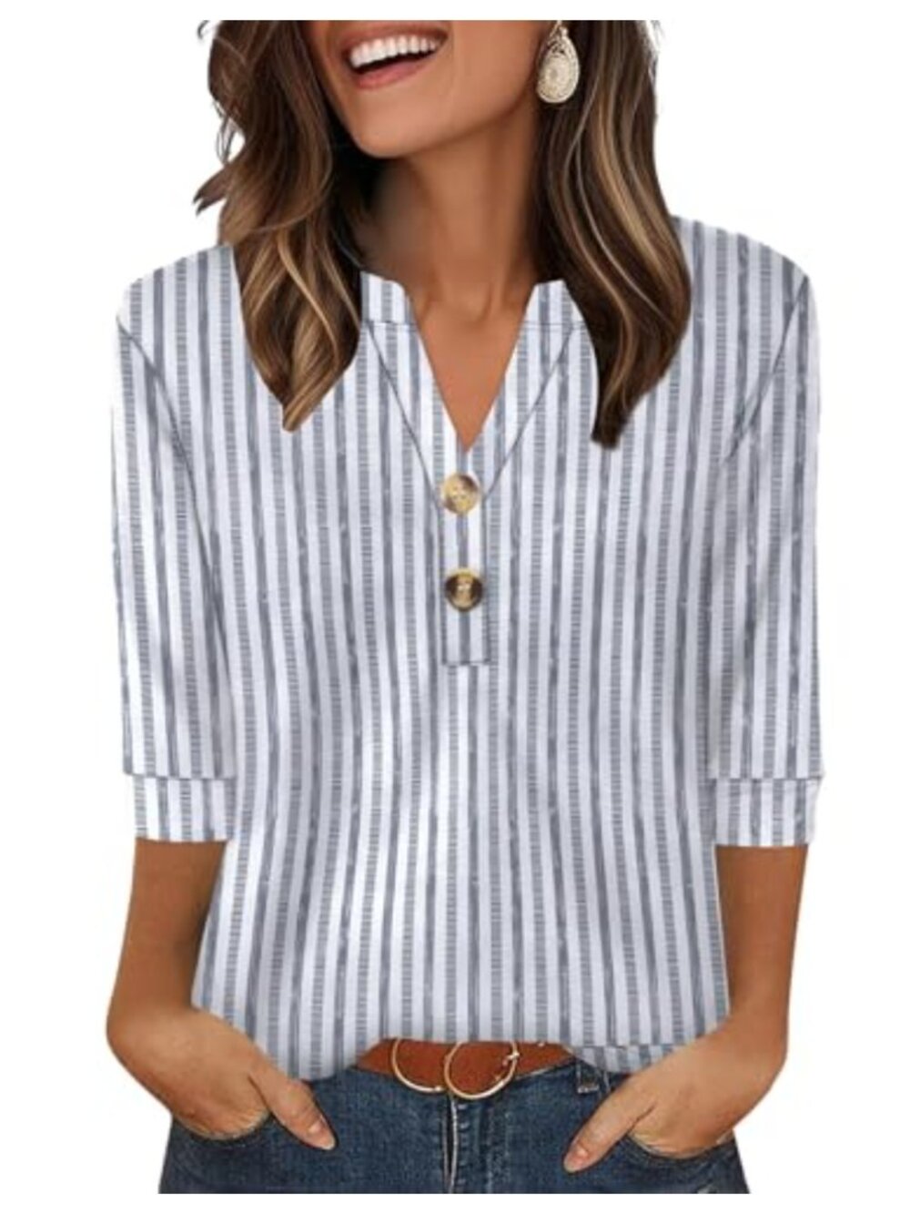 3/4 Sleeve V-Neck Blouse Striped Blouses Dressy Casual Tops for Women